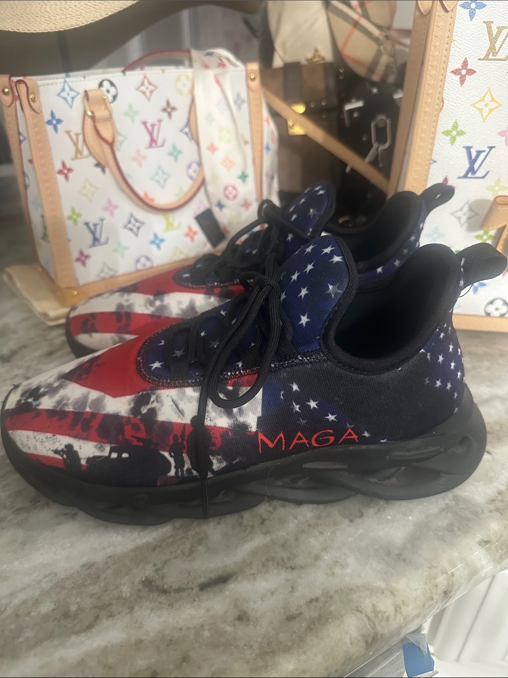 Mens Patriotic Flag Print Sneakers - Black/Red/Blue husband wore 1 or 2 times